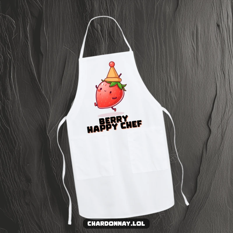 Funny apron depicting a strawberry with a hat doing a cartwheel. Great for bakers and cooks who appreciate fruity humor.
