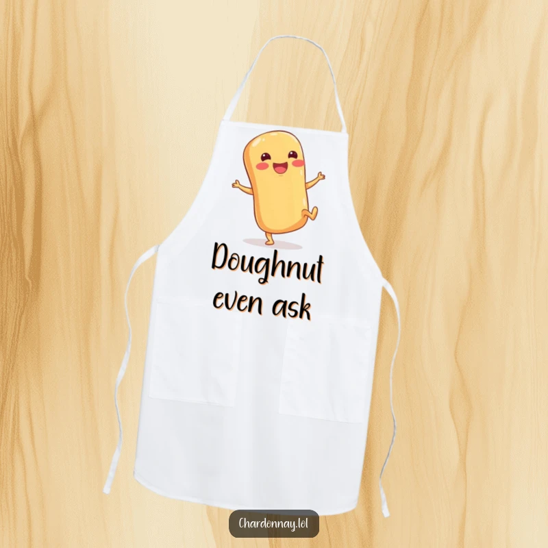 Funny apron depicting a cheerful baguette with stubby legs kicking its heels up, ready to add humor to any cooking task.