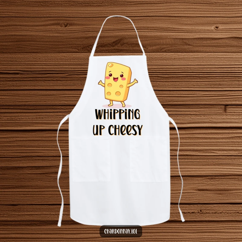 Funny apron depicting a smiling cheese wedge doing a silly dance. Great for cooks and food enthusiasts who appreciate humor.