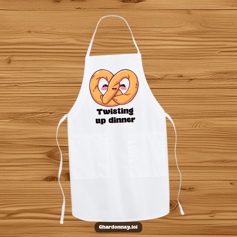 Funny apron depicting a pretzel twisting into a humorous shape. Great for bakers and cooks who appreciate snack humor.
