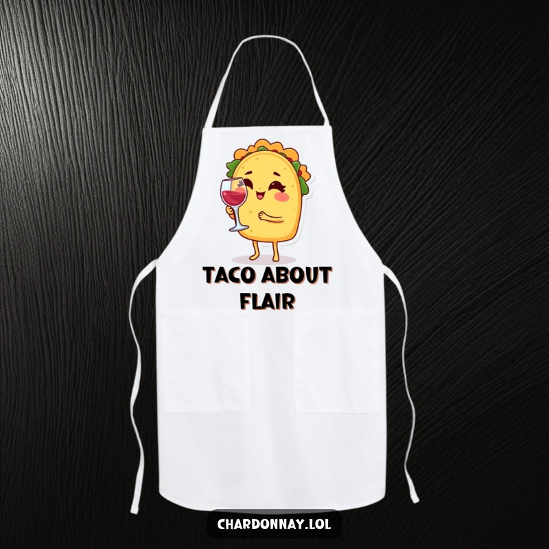 Funny apron depicting a taco character winking while balancing a tiny wine glass, ready to add humor to any kitchen task.
