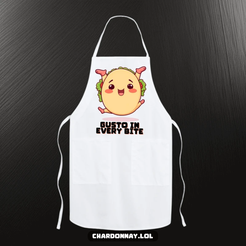 Funny taco splits apron, a cartoon taco performing a split, ready to add zest and humor to any kitchen task.