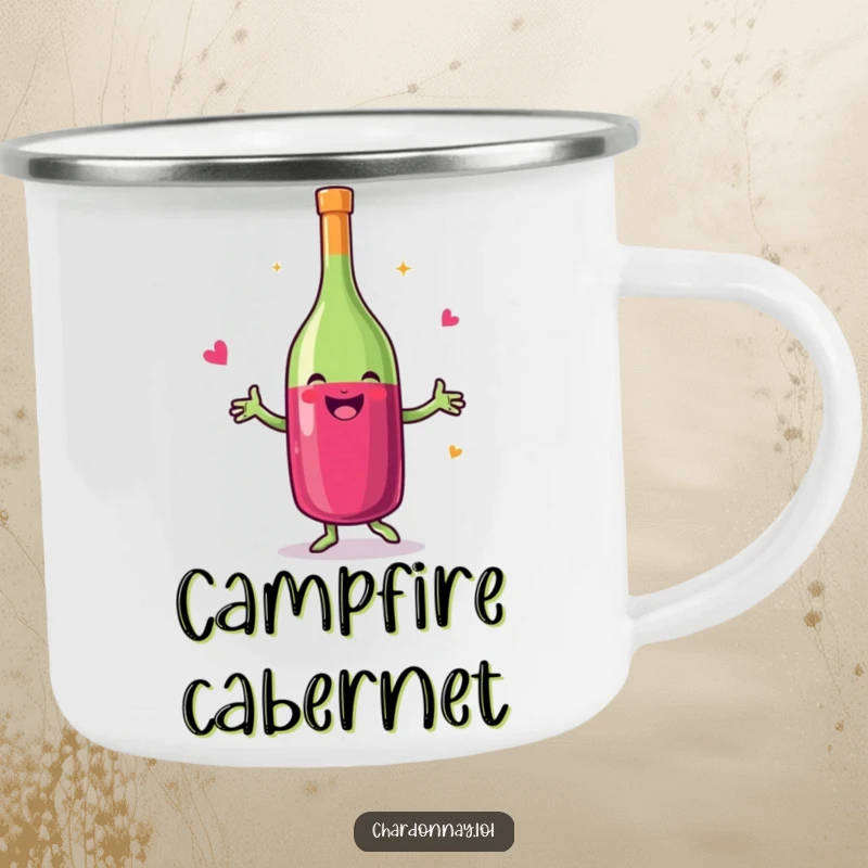Funny camping mug with a smiling wine bottle dancing happily, ideal for outdoor adventures and enjoying a spirit-lifting beverage.