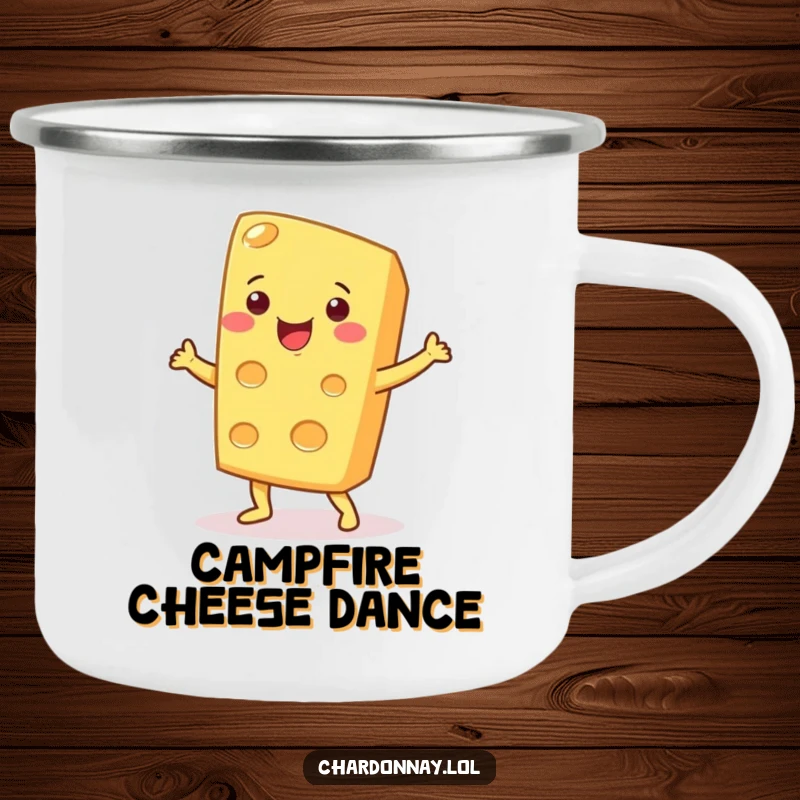 Funny camping mug featuring a smiling cheese wedge dancing. Durable and humorous, perfect for outdoor cheese enthusiasts.