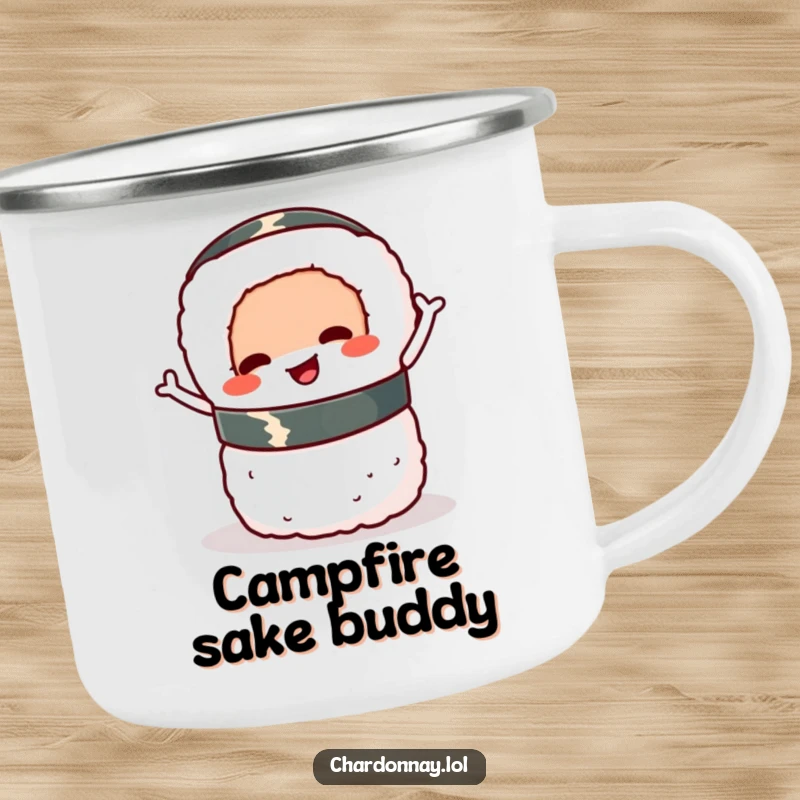 Funny sushi roll camping mug, a durable mug featuring a cartoon sushi roll wiggling and balancing, perfect for outdoor meals.