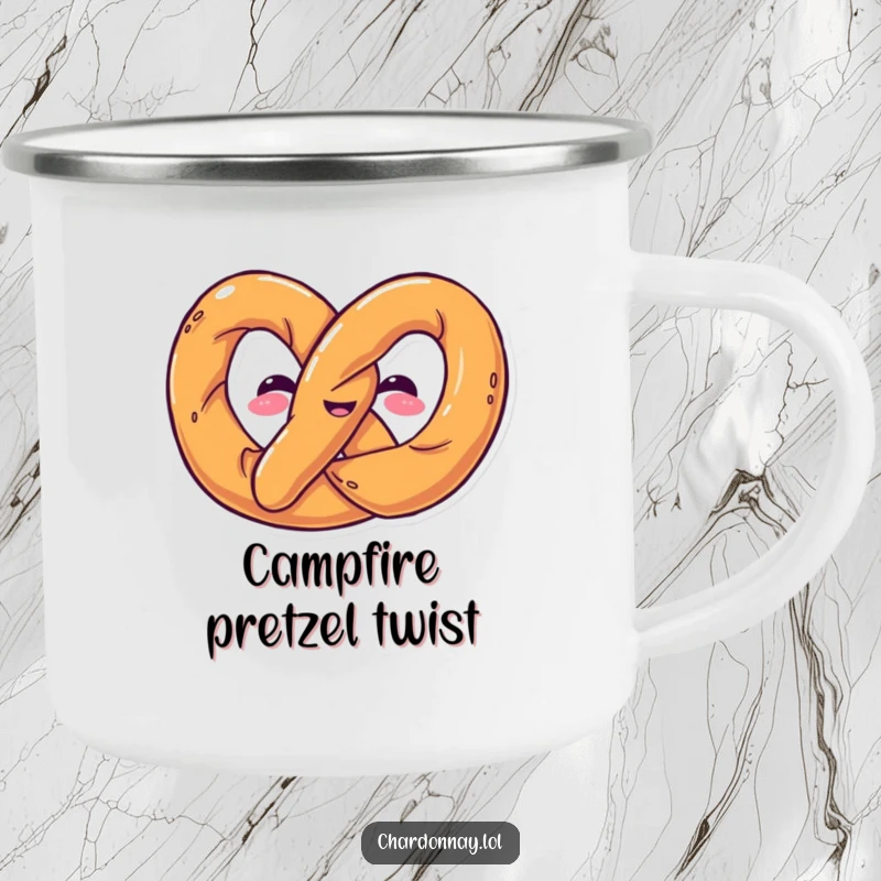 Funny camping mug featuring a pretzel twisting into a funny shape. Durable and humorous, perfect for outdoor snack enthusiasts.