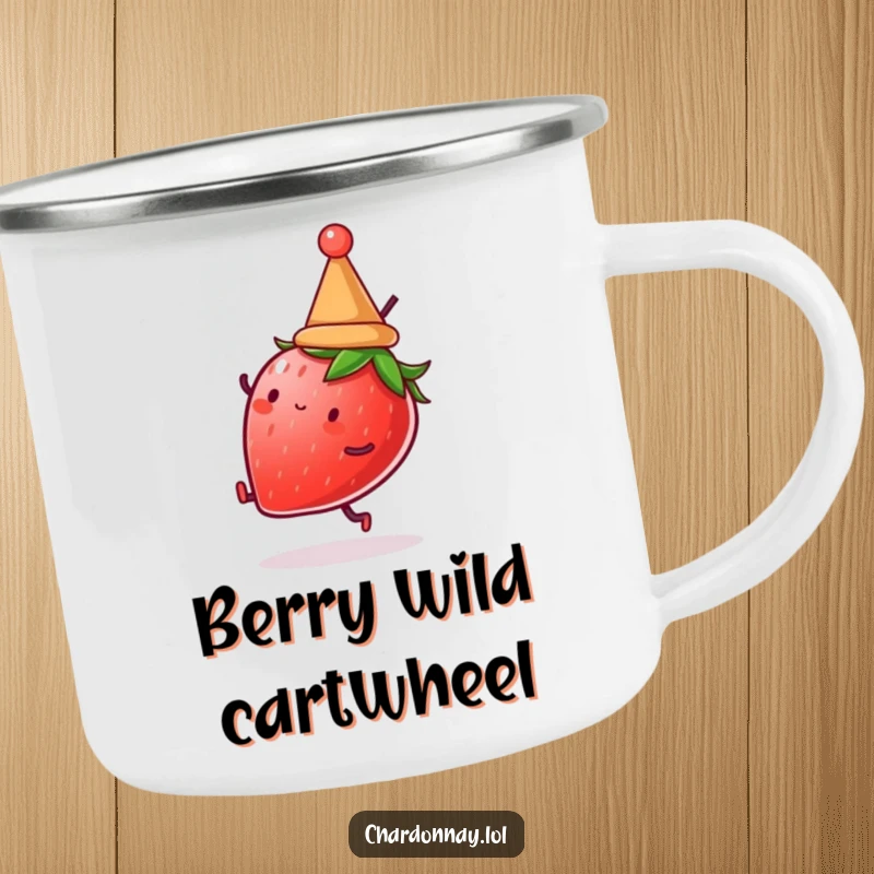 Funny camping mug featuring a strawberry doing a cartwheel. Durable and humorous, perfect for outdoor fruit enthusiasts.
