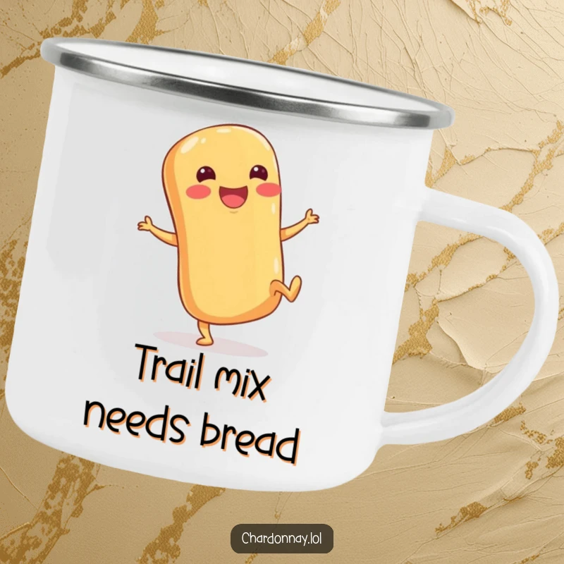 Funny camping mug featuring a happy baguette with stubby legs kicking its heels up, ready for outdoor adventures and laughs.