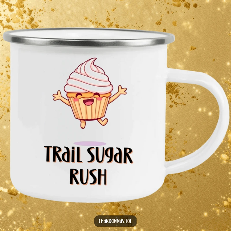 Funny giggling cupcake camping mug, a happy dessert character mid-leap, ready for hilarious outdoor moments.
