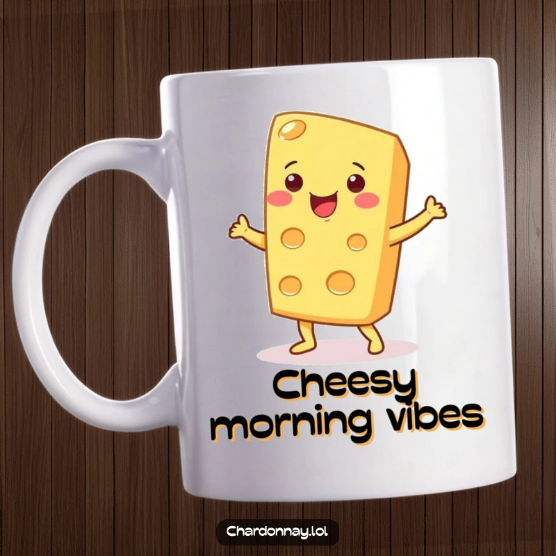 Funny mug featuring a smiling cheese wedge doing a silly dance. Ideal for cheese lovers and those who appreciate quirky humor.