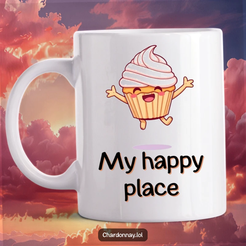 Funny cupcake mug with a cheerful, giggling character mid-leap, frosting flying high, embodying pure, sweet delight.