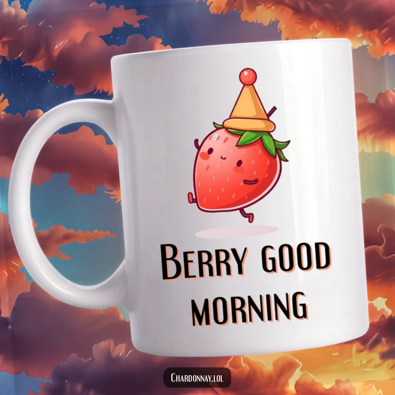 Funny mug featuring a happy strawberry wearing a tiny hat and doing a cartwheel. Ideal for fruit lovers and those appreciating quirky humor.