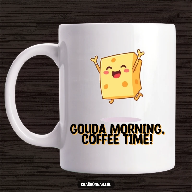 Funny mug with a cheerful block of cheese leaping joyfully into the air, radiating pure, dairy-inspired happiness and hilarious energy.