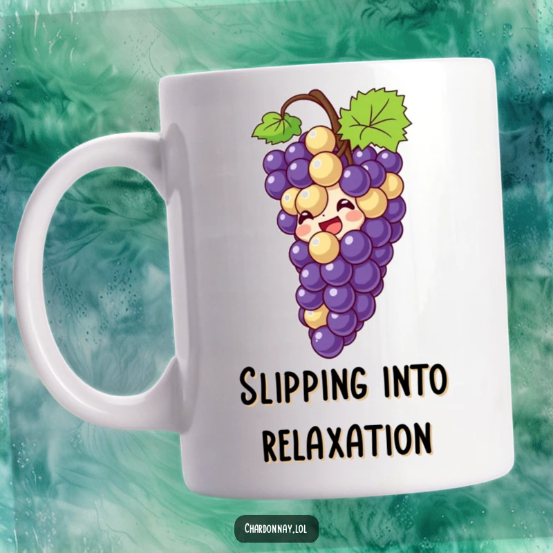 Funny mug featuring a giggling grape cluster sliding down a wine bottle neck. Ideal for wine lovers and those who appreciate quirky humor.