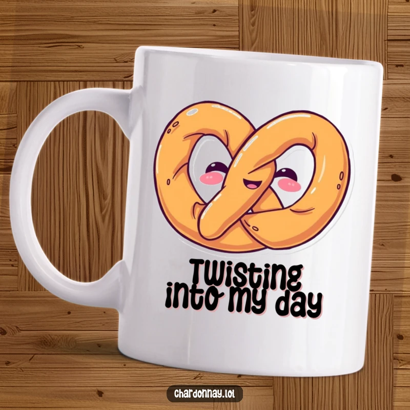 Funny mug featuring a happy pretzel twisting itself into a funny shape. Ideal for snack lovers and those who appreciate unique humor.
