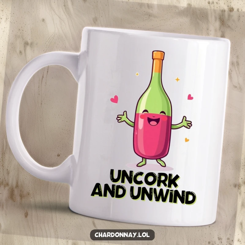 Funny mug featuring a smiling wine bottle joyfully doing a happy little dance, celebrating good times and fine spirits.