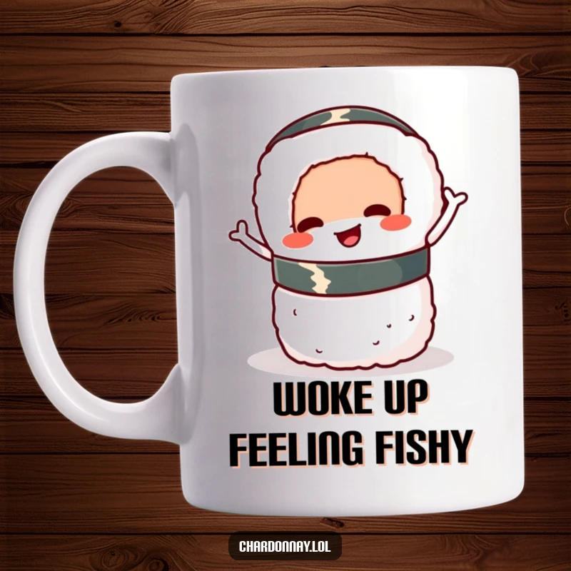 Funny cheerful sushi roll wiggling mug, a cartoon sushi roll balancing precariously while wiggling with delight.