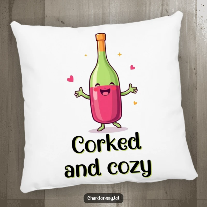 Funny pillow featuring a smiling wine bottle performing a happy dance, adding a soft touch of humor and comfort.