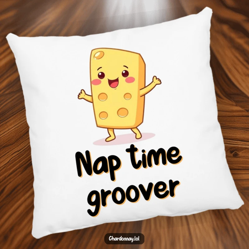 Funny pillow featuring a smiling cheese wedge doing a silly dance. Soft, decorative, and perfect for adding a touch of food-inspired humor.