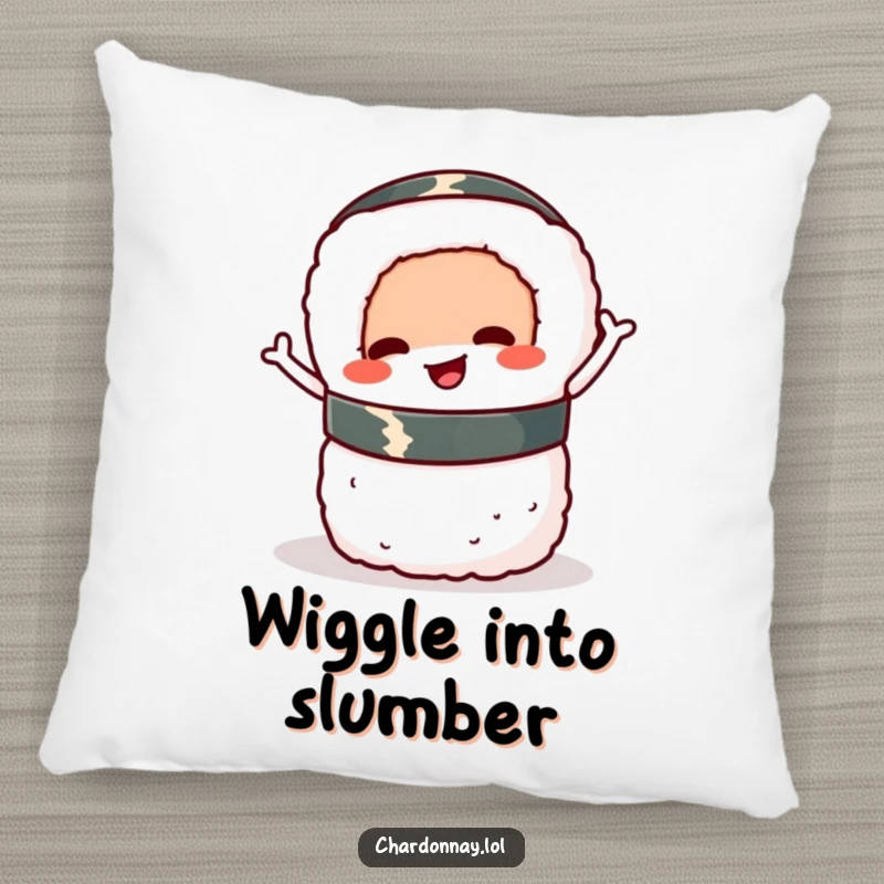 Funny sushi roll pillow, a soft cushion featuring a happy cartoon sushi roll wiggling playfully while balancing.