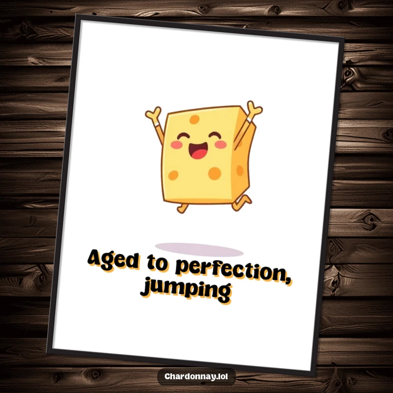 Funny digital art print of a cheerful block of cheese leaping joyfully into the air, capturing hilarious dairy delight for wall decor.