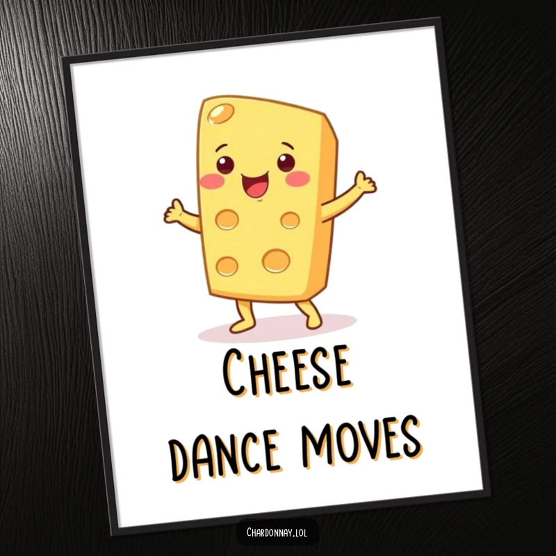 Funny digital art print of a smiling cheese wedge dancing. High-resolution, perfect for instant wall decor and humorous gifting.