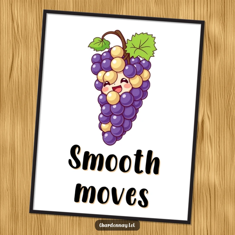 Funny digital art print of giggling grapes sliding down a bottle. High-resolution, perfect for instant wall decor and humorous gifting.