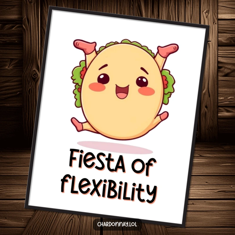 Funny taco splits digital art, a high-resolution cartoon of a happy taco doing the splits with zest and flair.