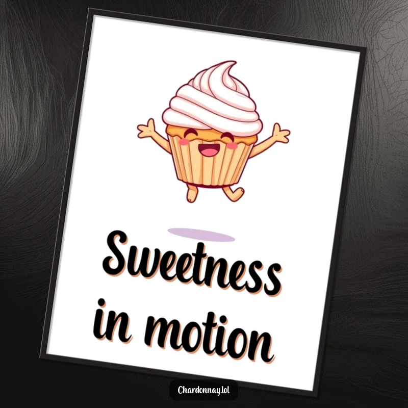 Funny giggling cupcake digital art print, a whimsical character leaping with frosting, embodying pure, hilarious joy.