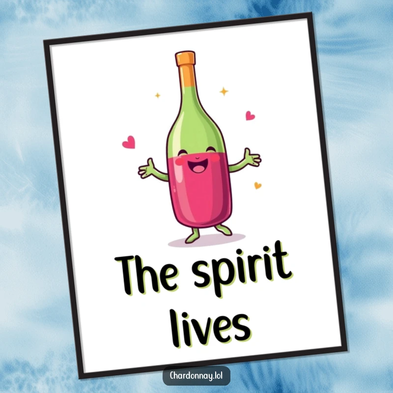 Funny digital art print of a smiling wine bottle doing a happy dance, perfect for instant, humorous wall decor.