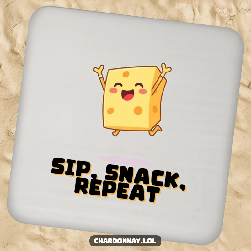 Funny coasters featuring a cheerful block of cheese leaping joyfully, protecting surfaces with hilarious dairy-themed energy.