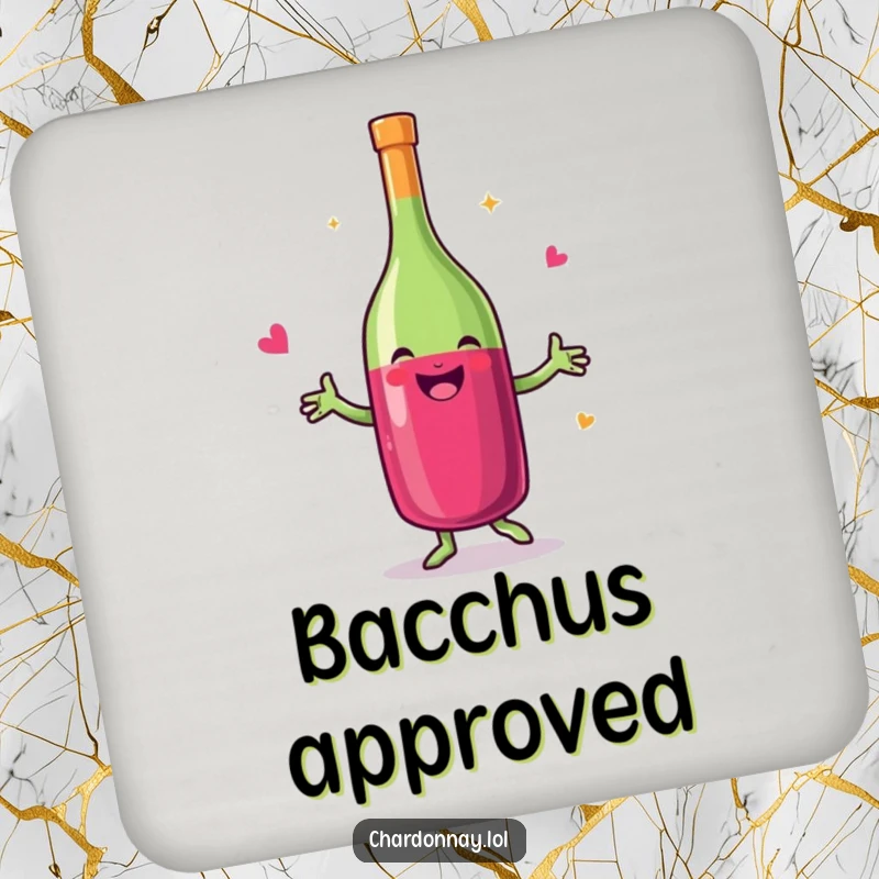 Funny drink coasters featuring a smiling wine bottle in a happy dance, adding charming humor to any beverage setting.