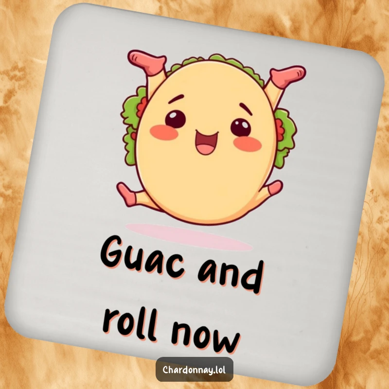 Funny taco splits drink coaster, a cartoon taco performing a split, adding zest and humor to your surfaces.