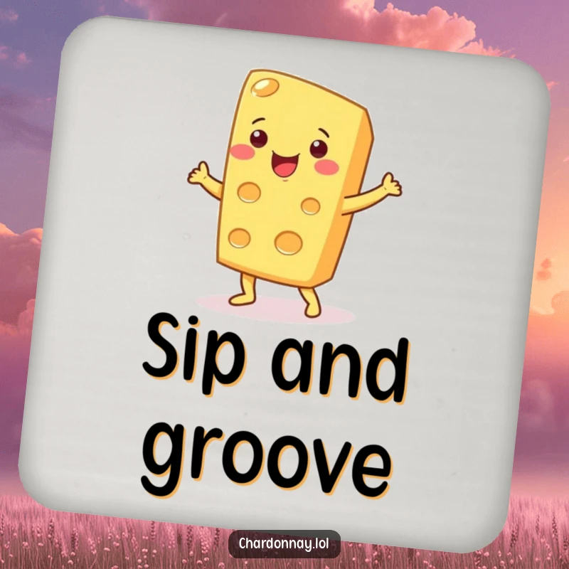 Funny drink coaster with a smiling cheese wedge doing a dance. Protects surfaces while adding a humorous, cheesy accent.