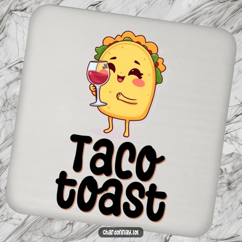 Funny drink coasters featuring a winking taco character balancing a tiny wine glass, adding humorous fiesta charm to any beverage.