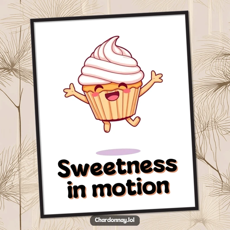 Funny giggling cupcake poster, a whimsical, happy character leaping with frosting, bringing sweet, hilarious energy to walls.