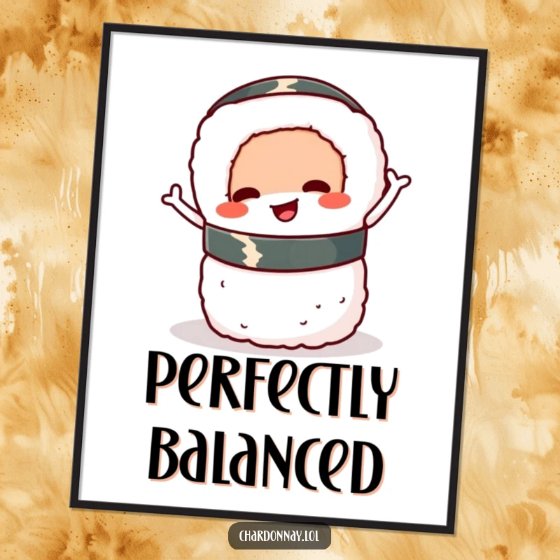 Funny sushi roll poster, a colorful artwork of a cheerful cartoon sushi roll wiggling and balancing with pure delight.