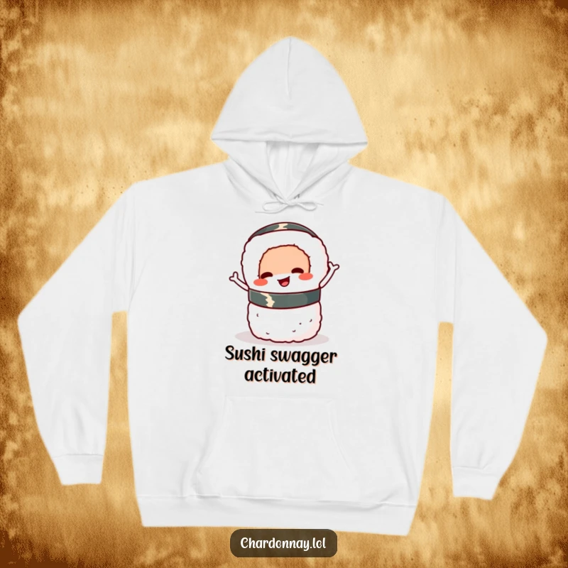 Funny sushi roll hoodie, a cheerful cartoon sushi roll wiggling its body while balancing, full of delight.