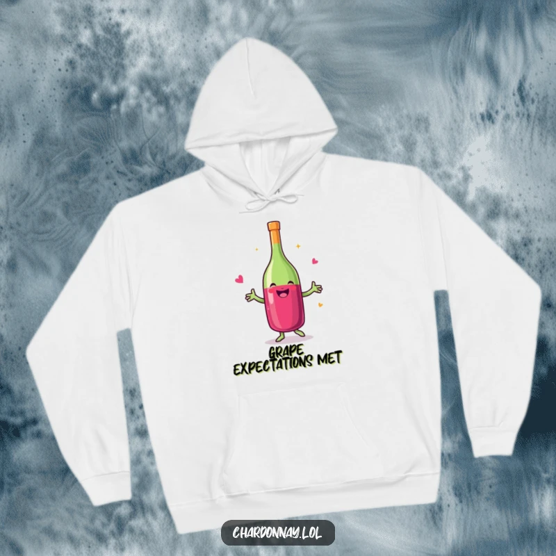 Funny hoodie featuring a smiling wine bottle doing a happy dance, offering warmth and a dose of witty cheer.