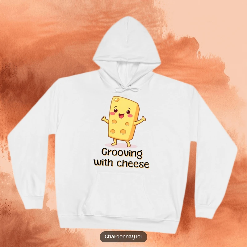 Funny hoodie featuring a smiling cheese wedge doing a silly dance. Cozy and amusing, perfect for cheese lovers.