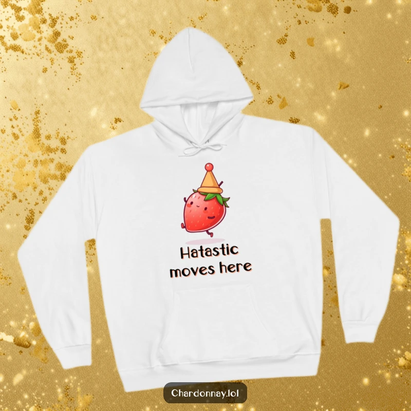 Funny hoodie featuring a strawberry with a hat performing a cartwheel. Cozy and amusing, perfect for fruit enthusiasts.