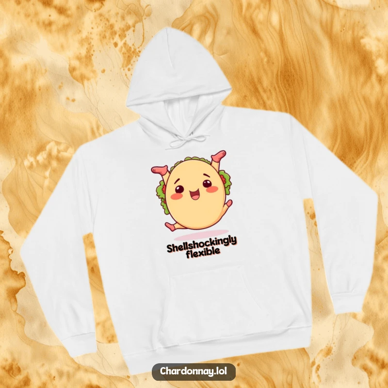 Funny taco splits hoodie, a cheerful cartoon taco doing the splits, radiating happiness and flexibility.