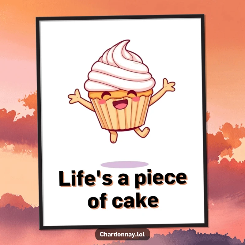 Funny Free Printable Wall Art: A giggling cupcake with a huge dollop of frosting joyfully leaps, bringing smiles.