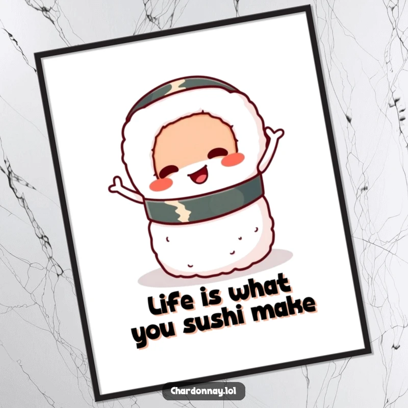 Funny Free Printable Wall Art: A cheerful sushi roll balancing with glee, wiggling adorably as it shows off its delightful composure.