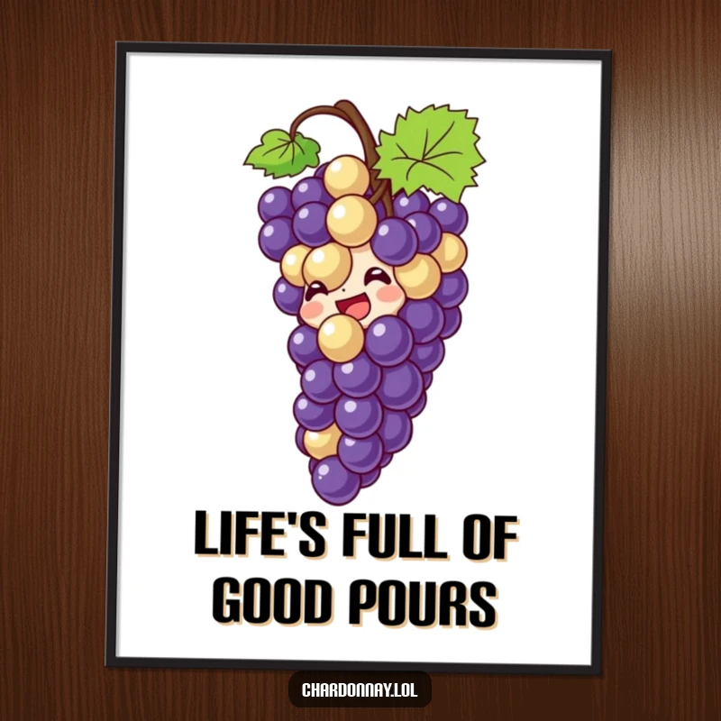 Funny Free Printable Wall Art: A cluster of grapes joyfully giggling as it slides down a bottle.