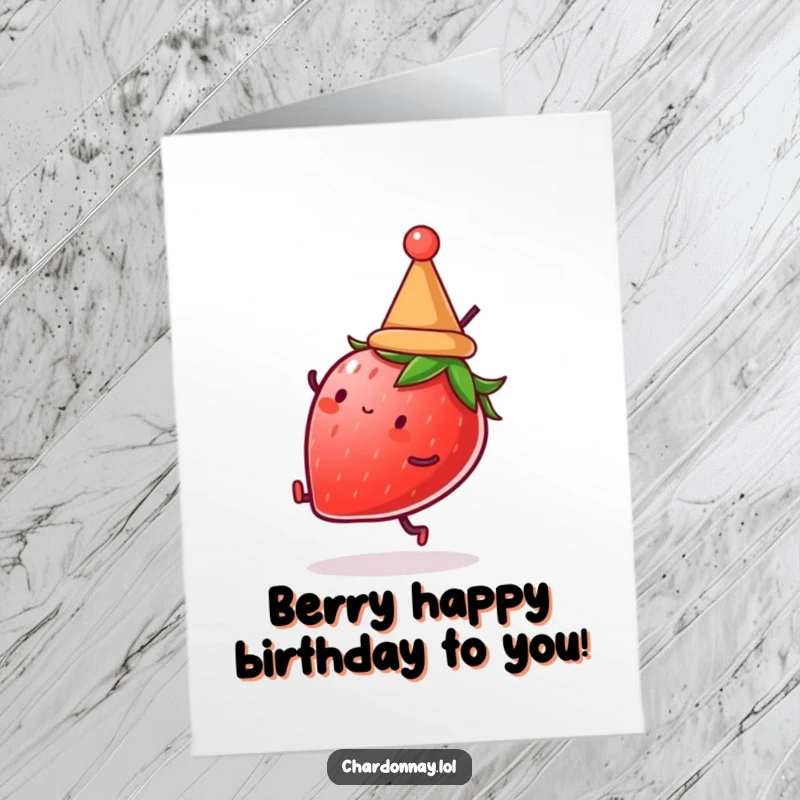 Funny Free Printable Birthday Card: A strawberry wearing a small hat, energetically performing a cartwheel.