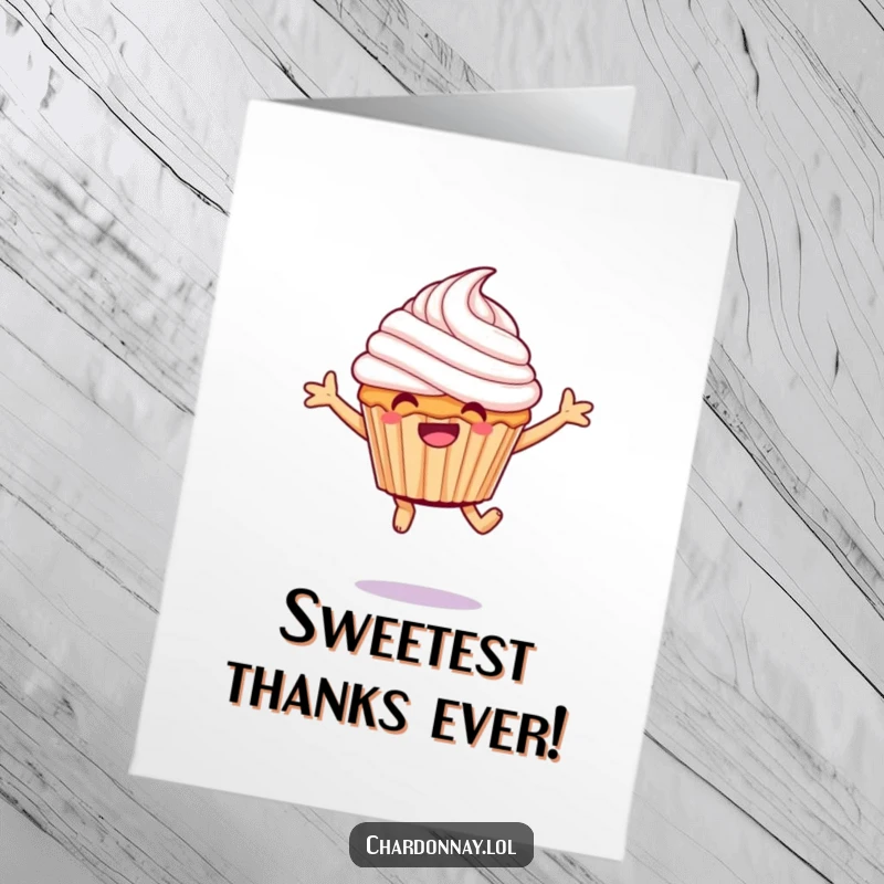 Funny Free Printable Thank You Card: A giggling cupcake with overflowing frosting expresses thanks with a joyful leap.