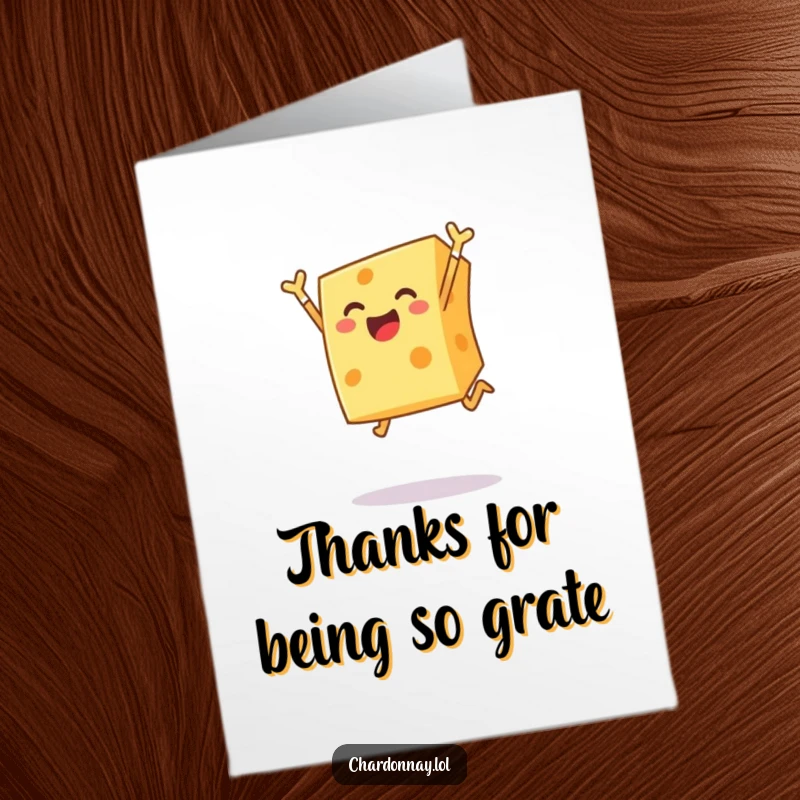 Funny Free Printable Thank You Card: A cheerful block of cheese leaping with cheesy delight, a unique way to say thanks.