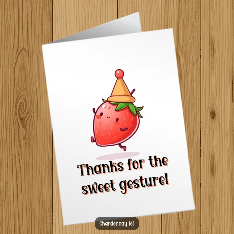 Funny Free Printable Thank You Card: A tiny-hatted strawberry performing a cartwheel to express gratitude.