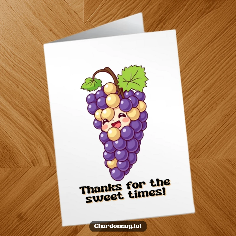 Funny Free Printable Thank You Card: Giggling grapes sliding down a bottle neck, expressing sincere thanks.